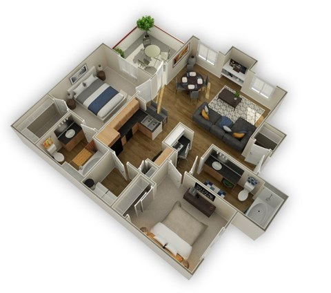Floor plan for 2 beds, 2 baths, 987 sqft